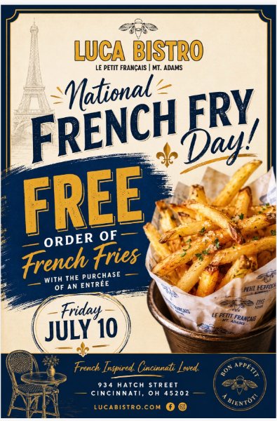 National French Fry Day flyer — free order of French fries with the purchase of an entrée at Luca Bistro, Friday July 10